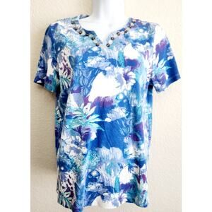Rebecca Malone Blue White Floral Print Beading Detail Top Medium Lightweight